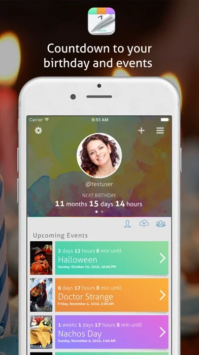 Countdown+ published app preview showing upcoming birthdays and events