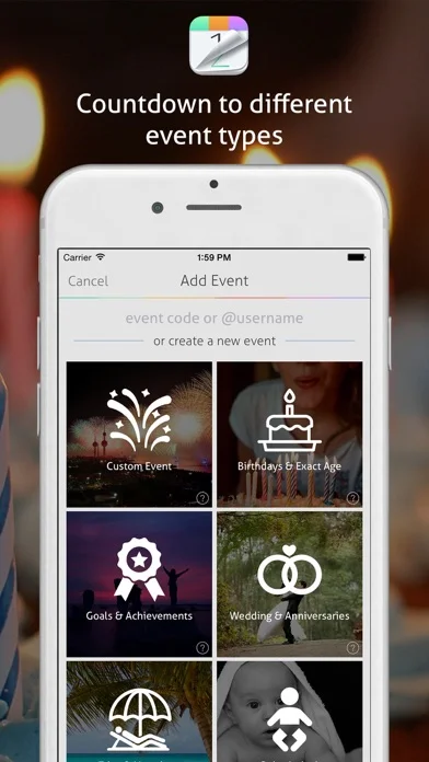 Countdown+ published app preview showing different event types