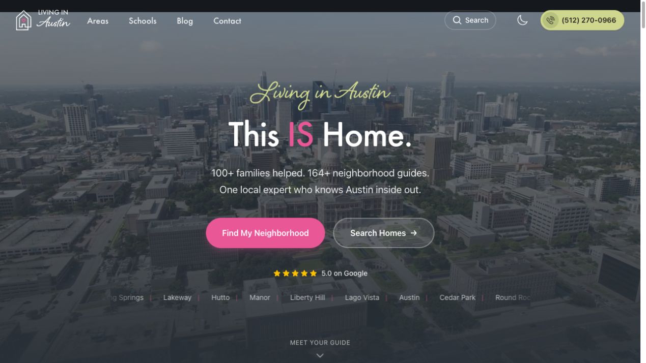 Living in Austin homepage with its house-and-heart logo, Austin skyline, and neighborhood discovery tools