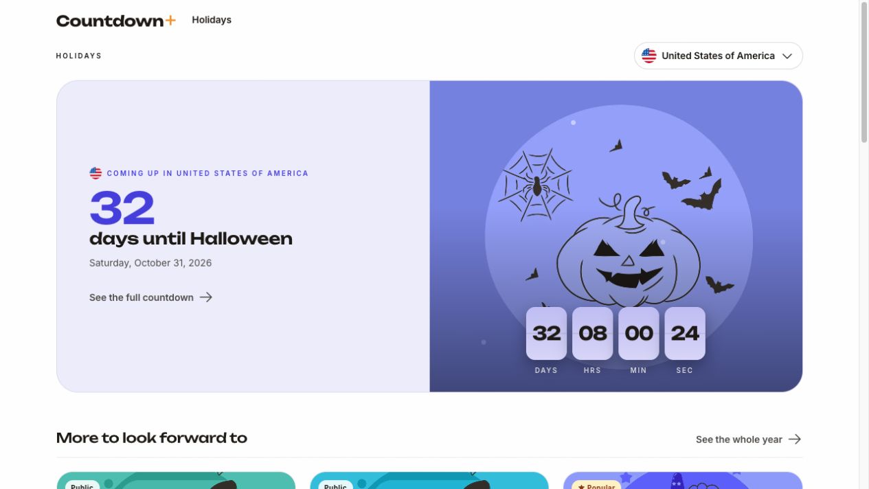 Countdown+ holiday website, with an illustrated Halloween countdown and upcoming holidays